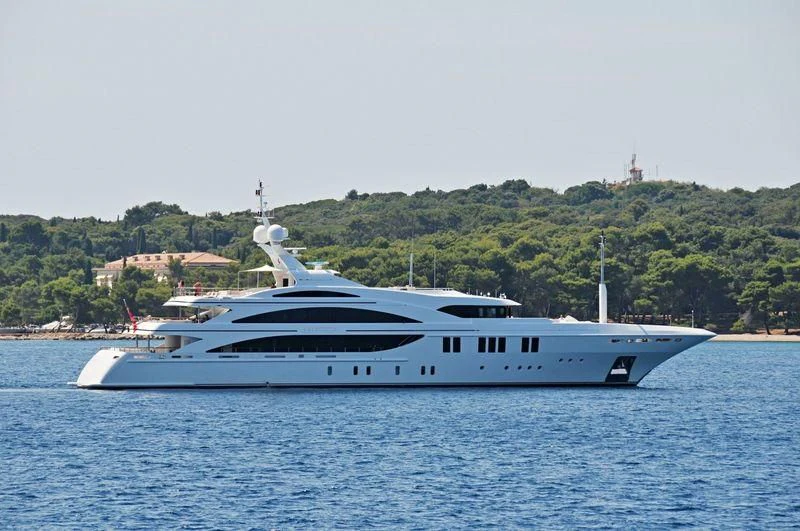 a white yacht on the water aboard LA BLANCA Yacht for Sale