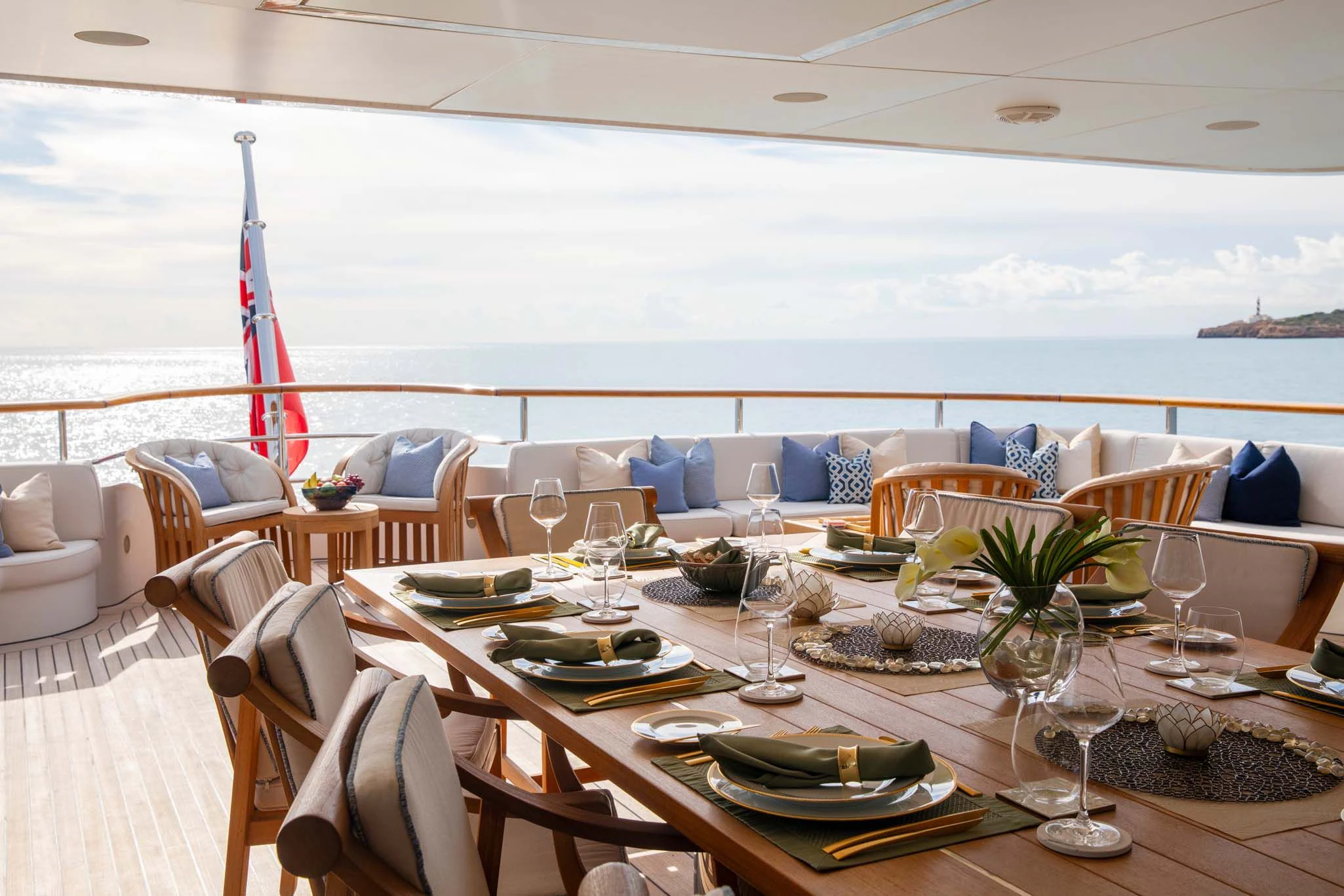 a dining table set for a dinner aboard LA BLANCA Yacht for Sale