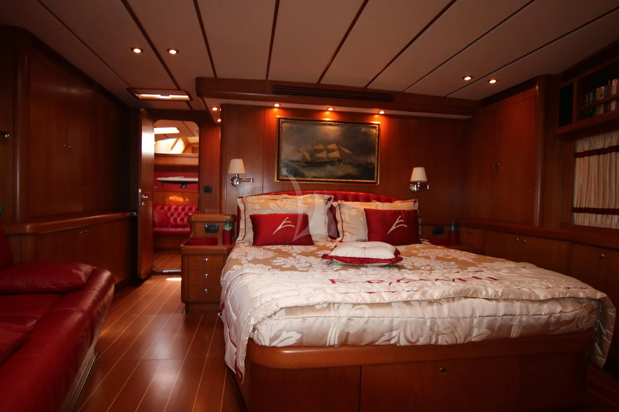 a bed in a room aboard STARFALL Yacht for Sale