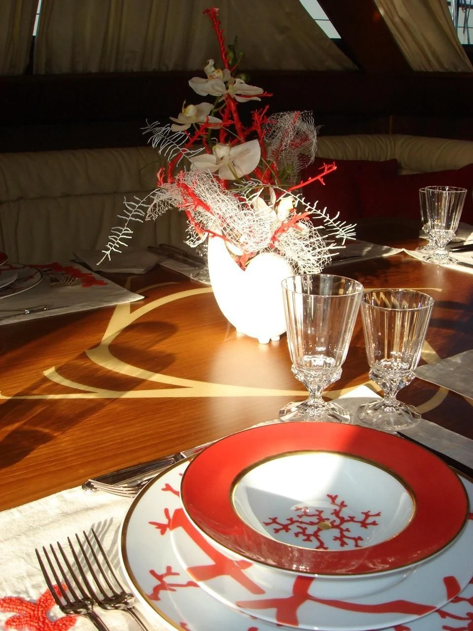 a plate with a flower on it aboard STARFALL Yacht for Sale