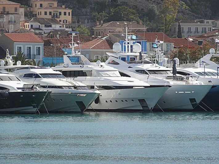 a group of boats are parked in a harbor aboard O'RION Yacht for Charter