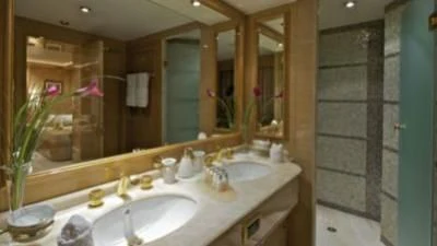 a bathroom with two sinks aboard O'RION Yacht for Charter