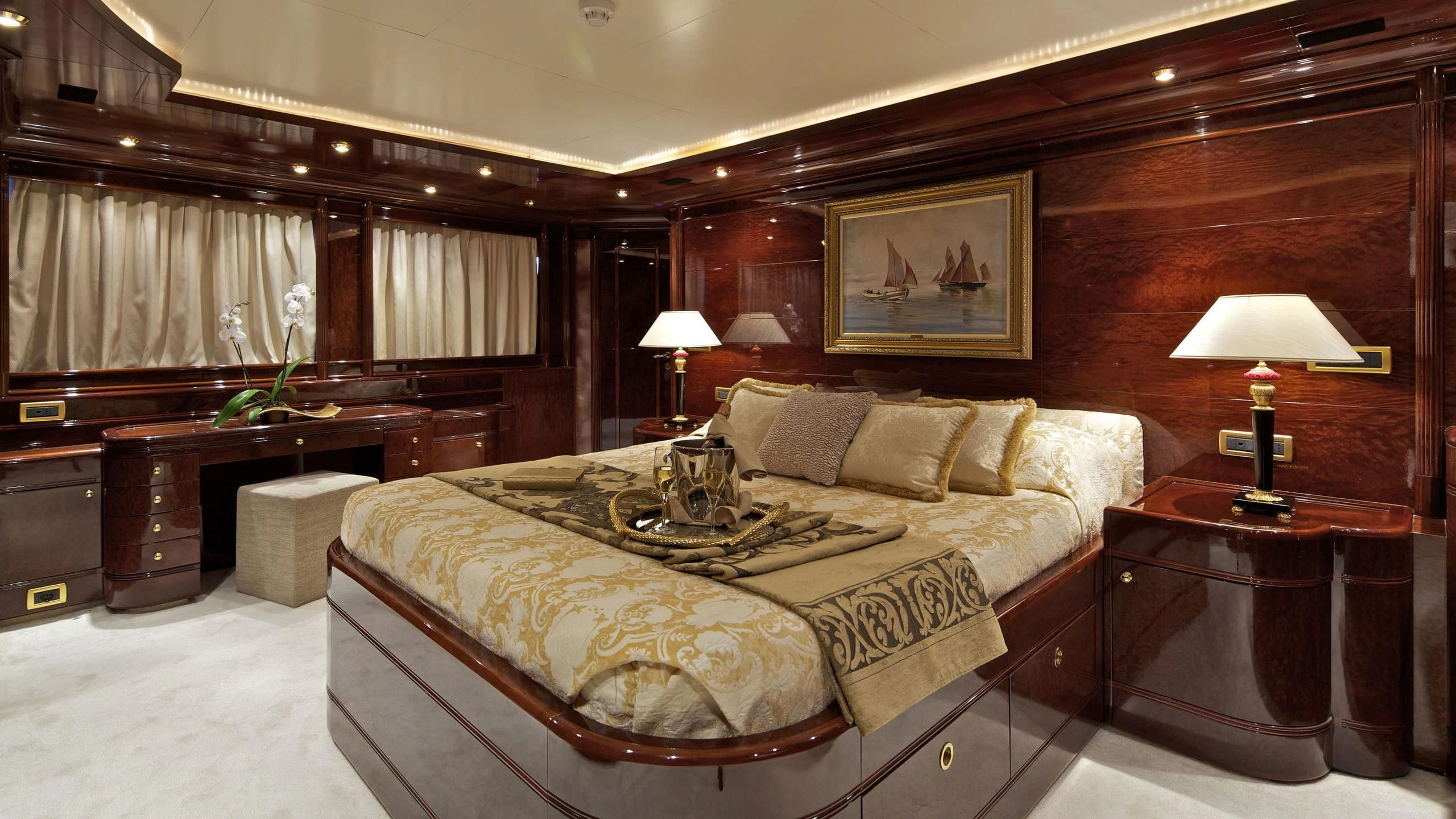 a large bedroom with a large bed aboard O'RION Yacht for Charter