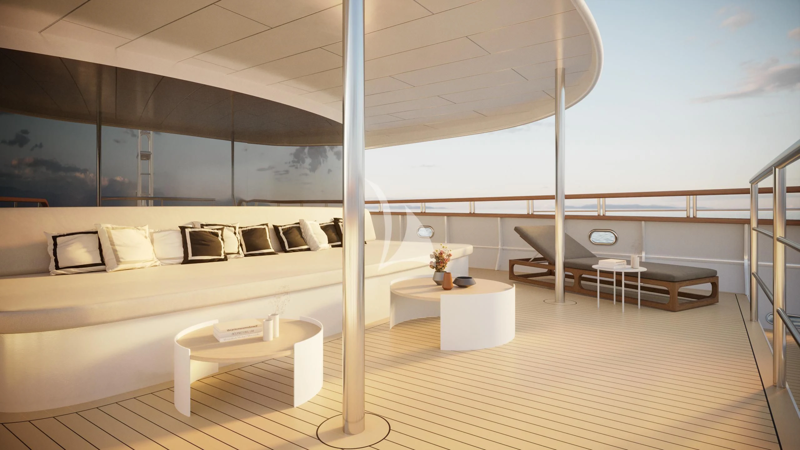 a room with a large white table and chairs aboard AETERNA Yacht for Sale