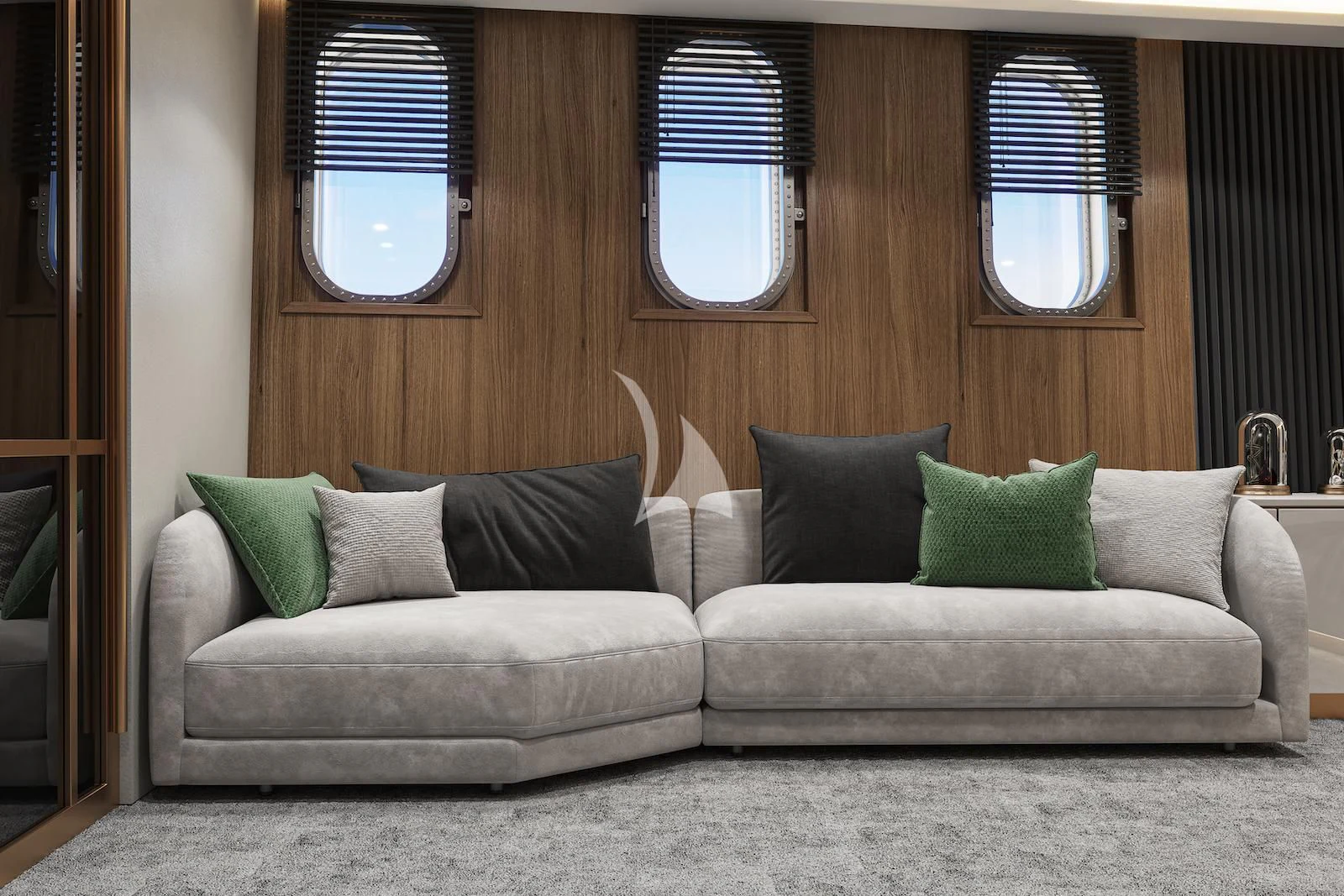a couch in a room aboard AETERNA Yacht for Sale