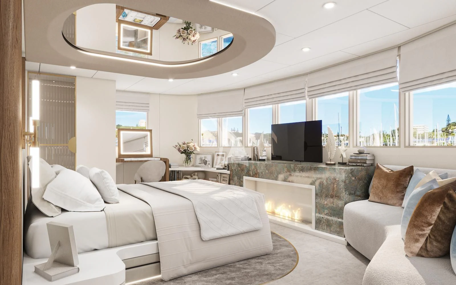 a large white bedroom with a fireplace aboard AETERNA Yacht for Sale