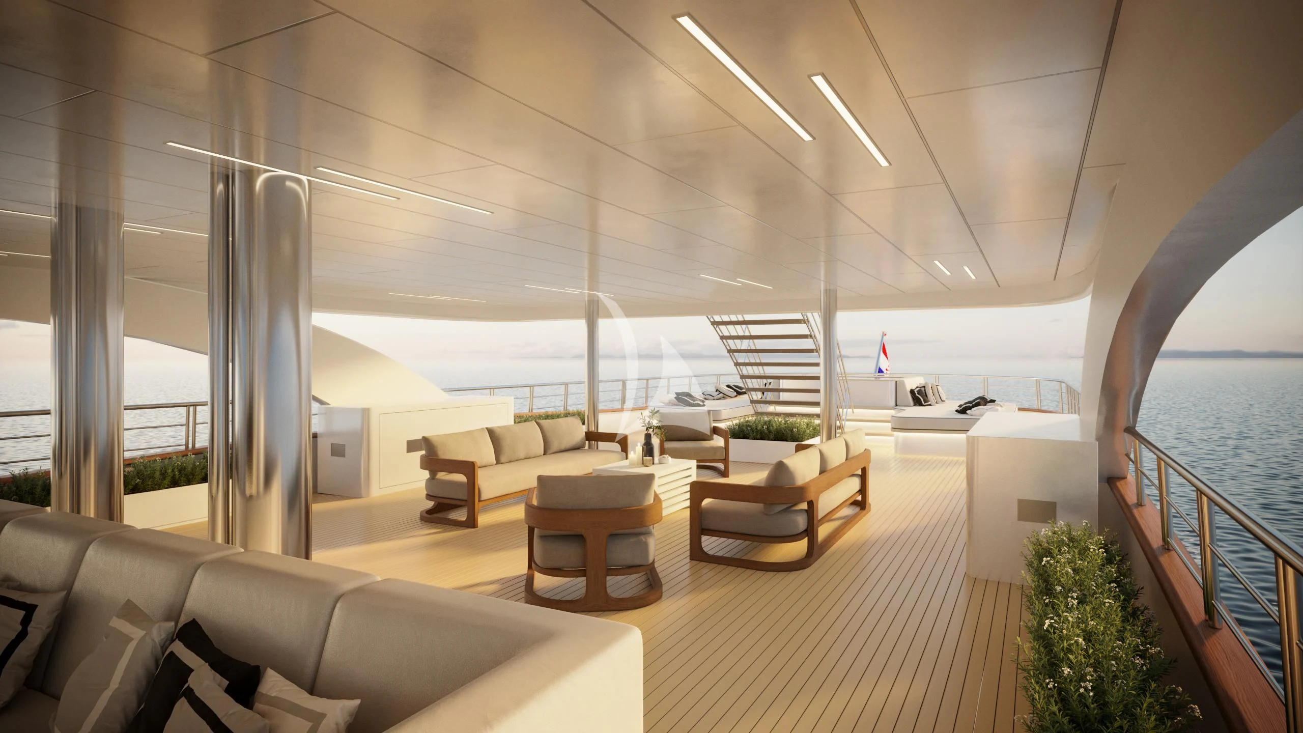 a room with a large balcony aboard AETERNA Yacht for Sale