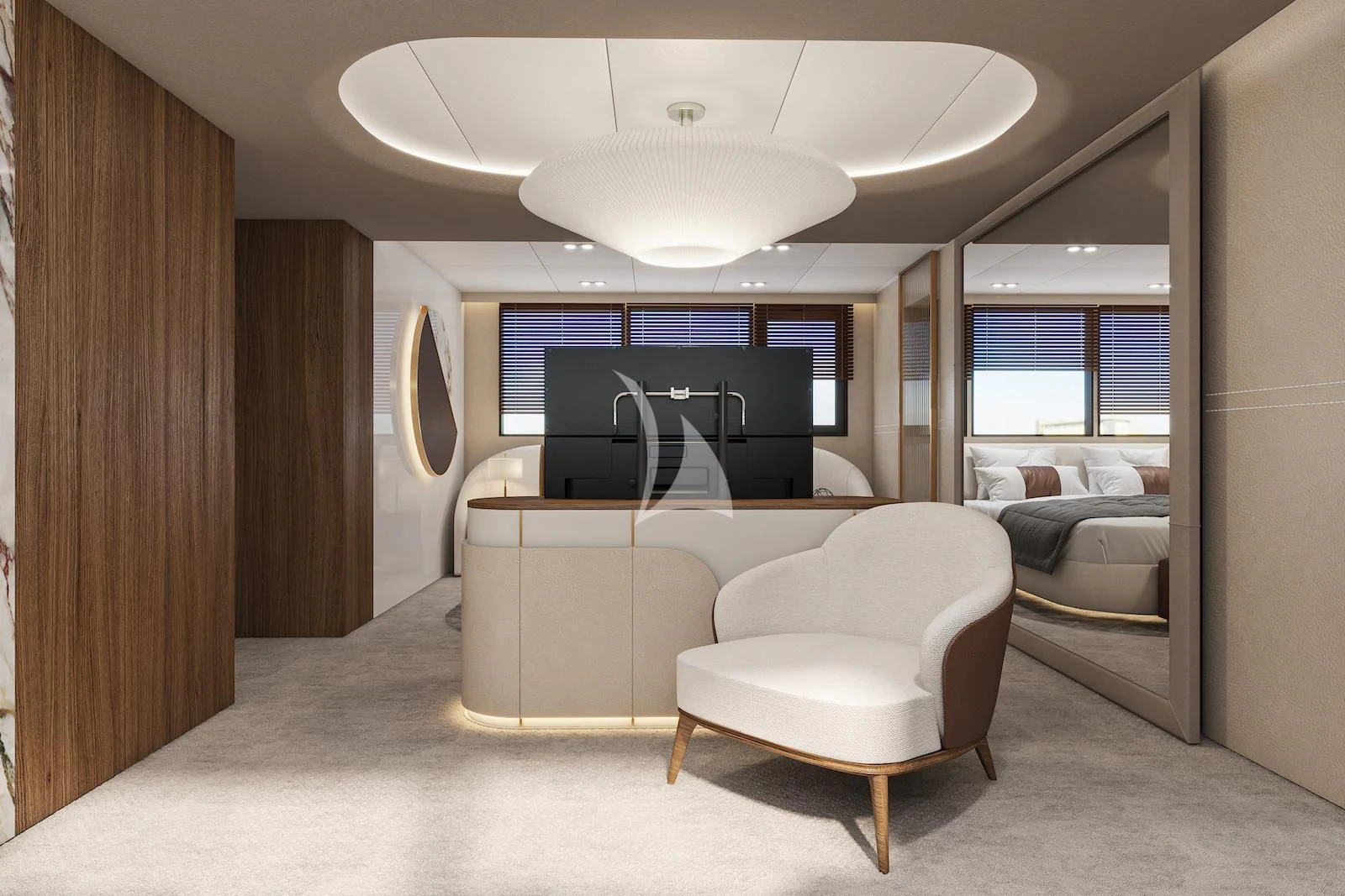 a room with a couch and a tv aboard AETERNA Yacht for Sale