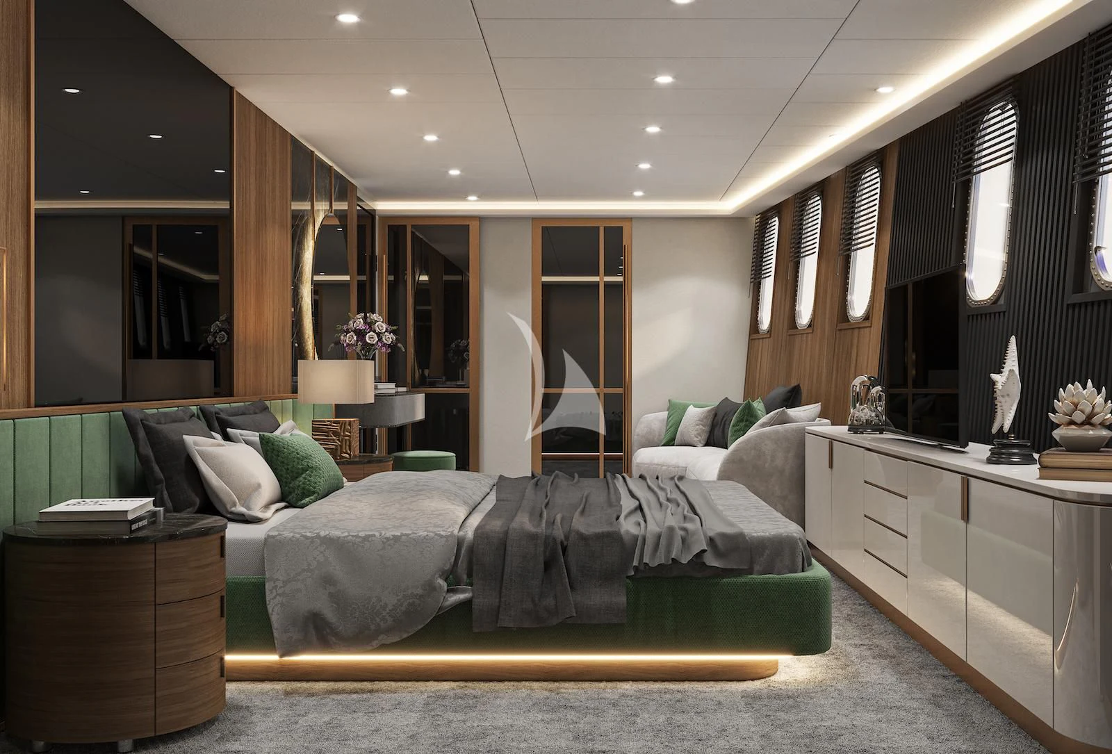 a bedroom with a bed and a desk aboard AETERNA Yacht for Sale