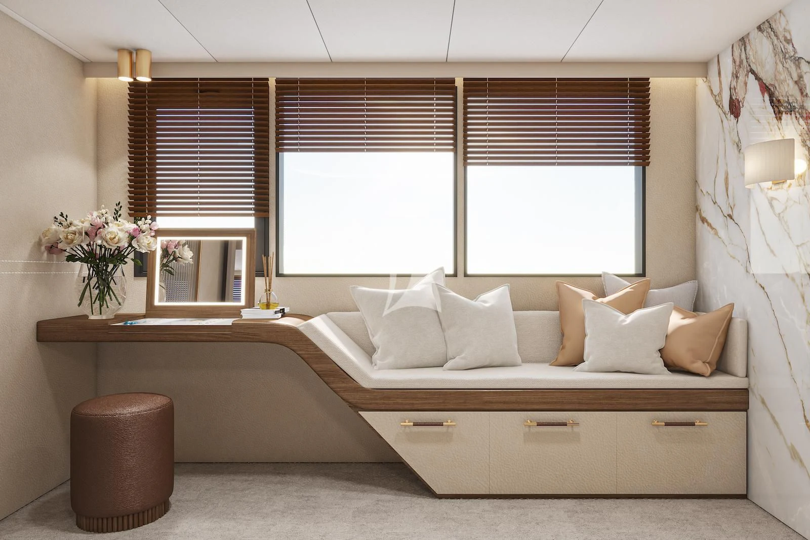 a bed with a white bed spread aboard AETERNA Yacht for Sale