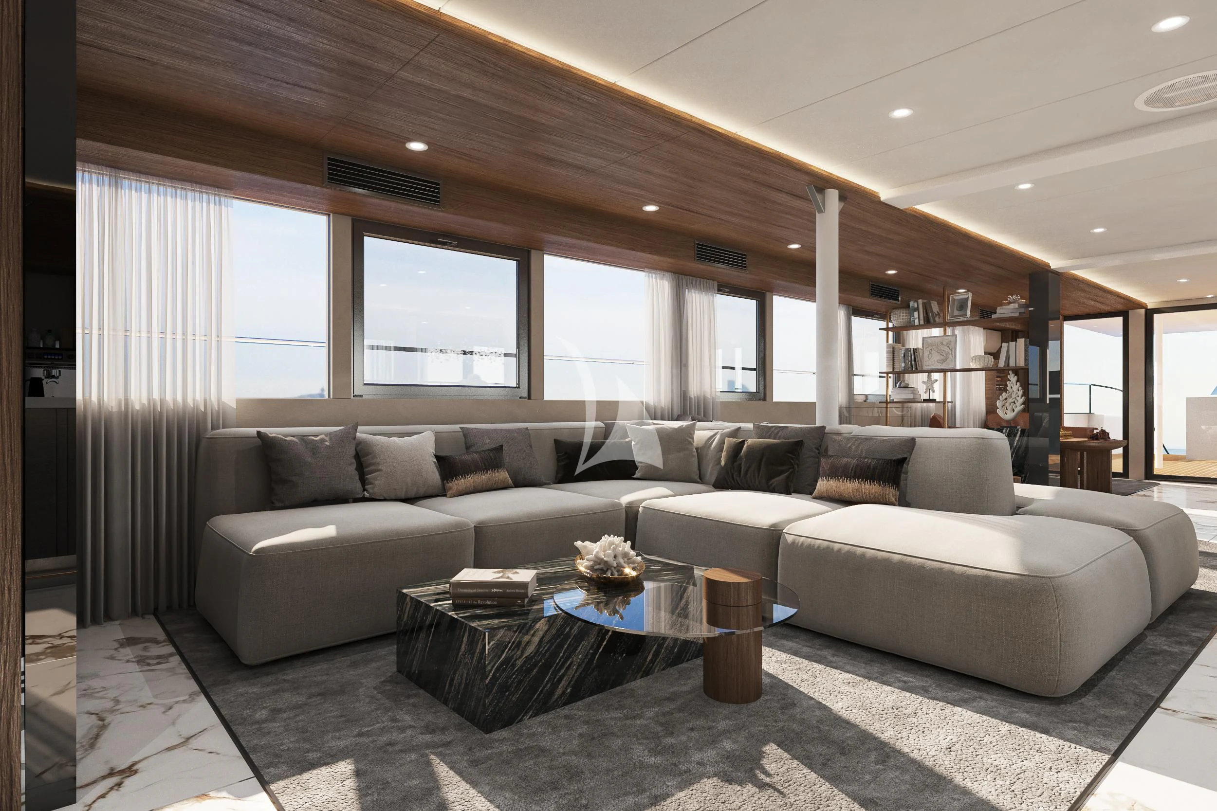 a living room with a couch and coffee table aboard AETERNA Yacht for Sale