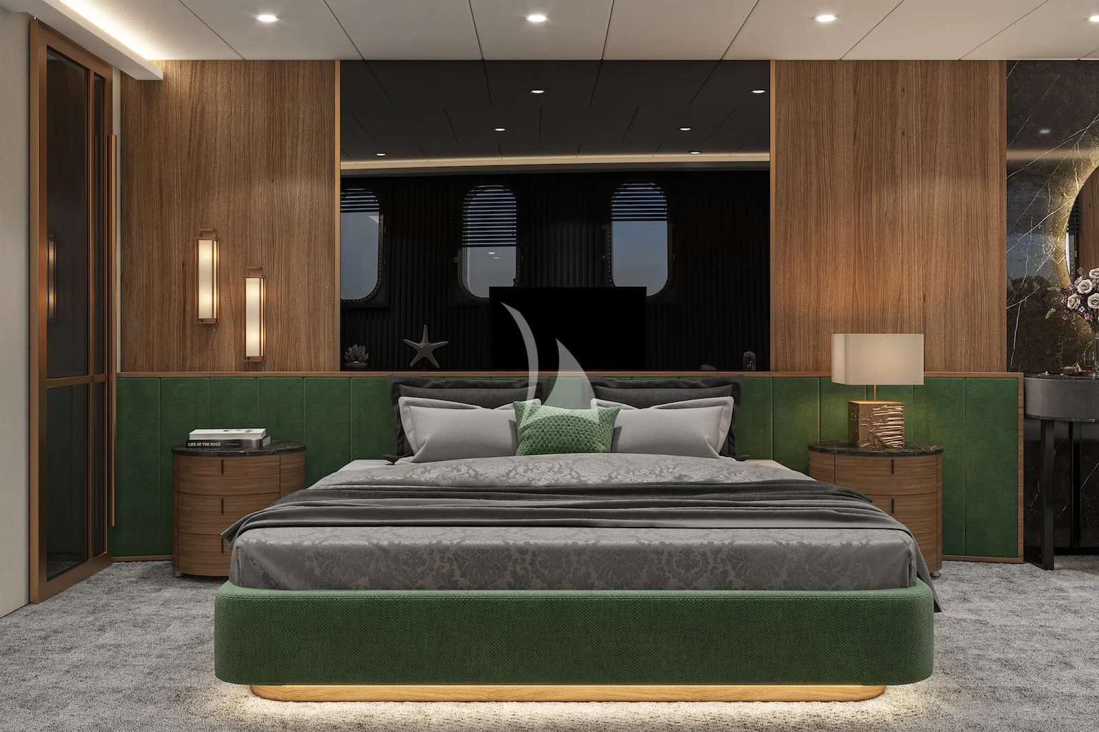 a bed in a room aboard AETERNA Yacht for Sale