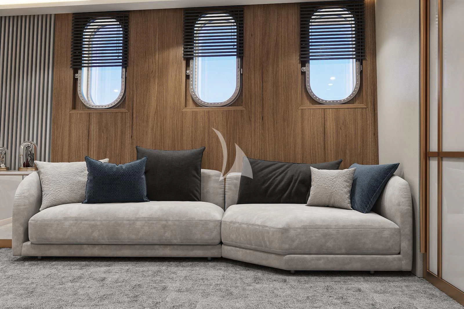 a couch in a room aboard AETERNA Yacht for Sale