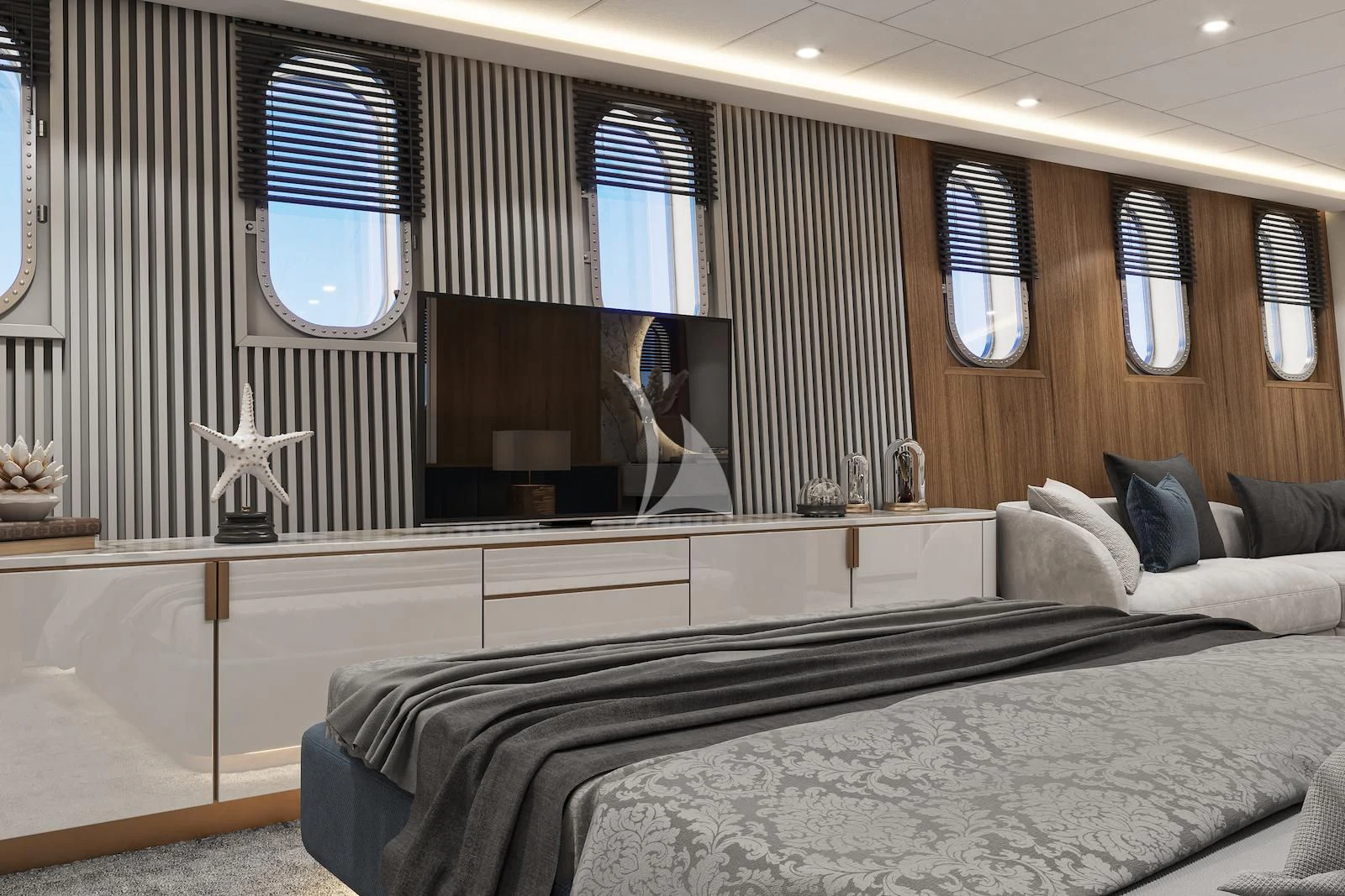 a bed with a television and a mirror above it aboard AETERNA Yacht for Sale