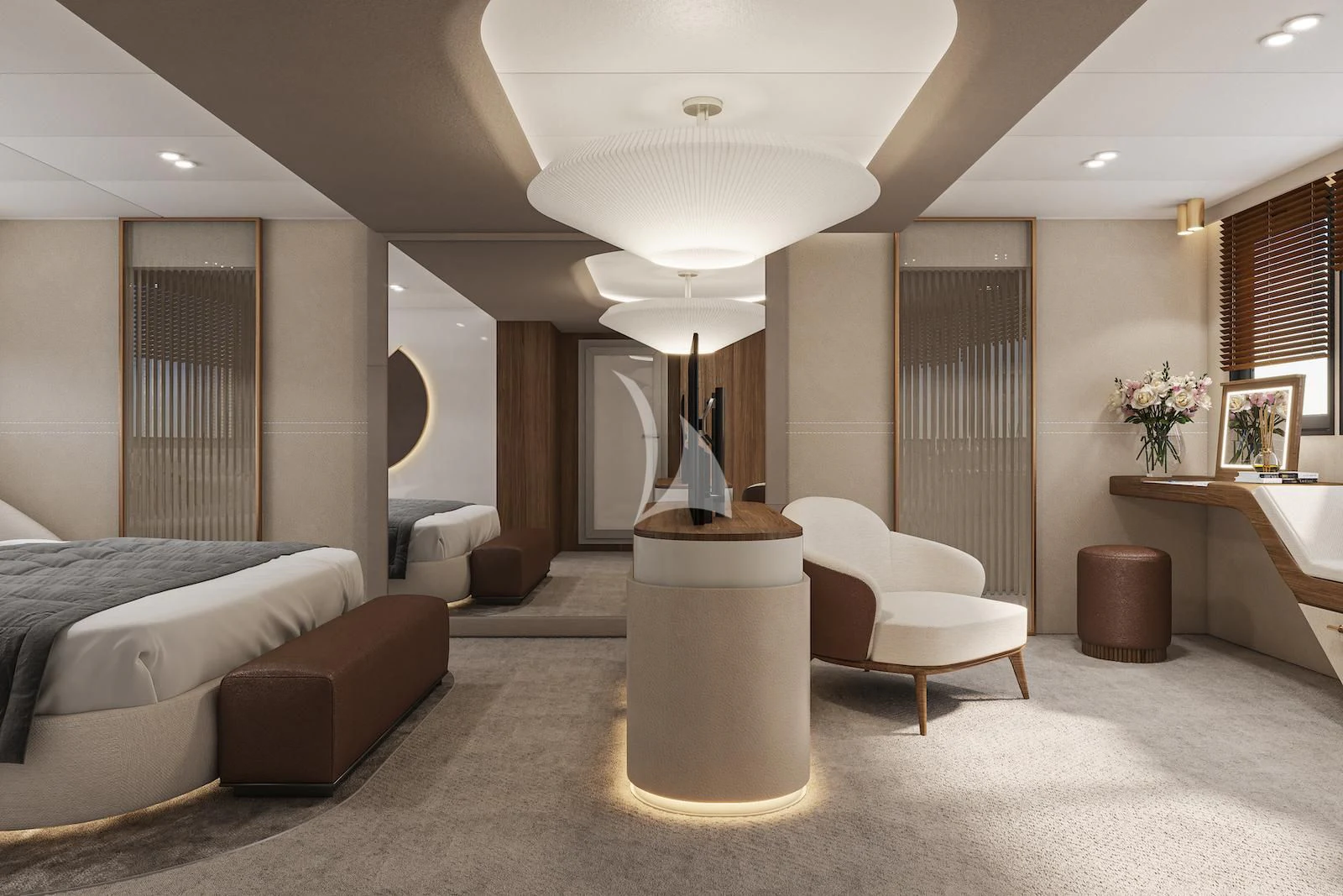 a large room with a couch and a table aboard AETERNA Yacht for Sale