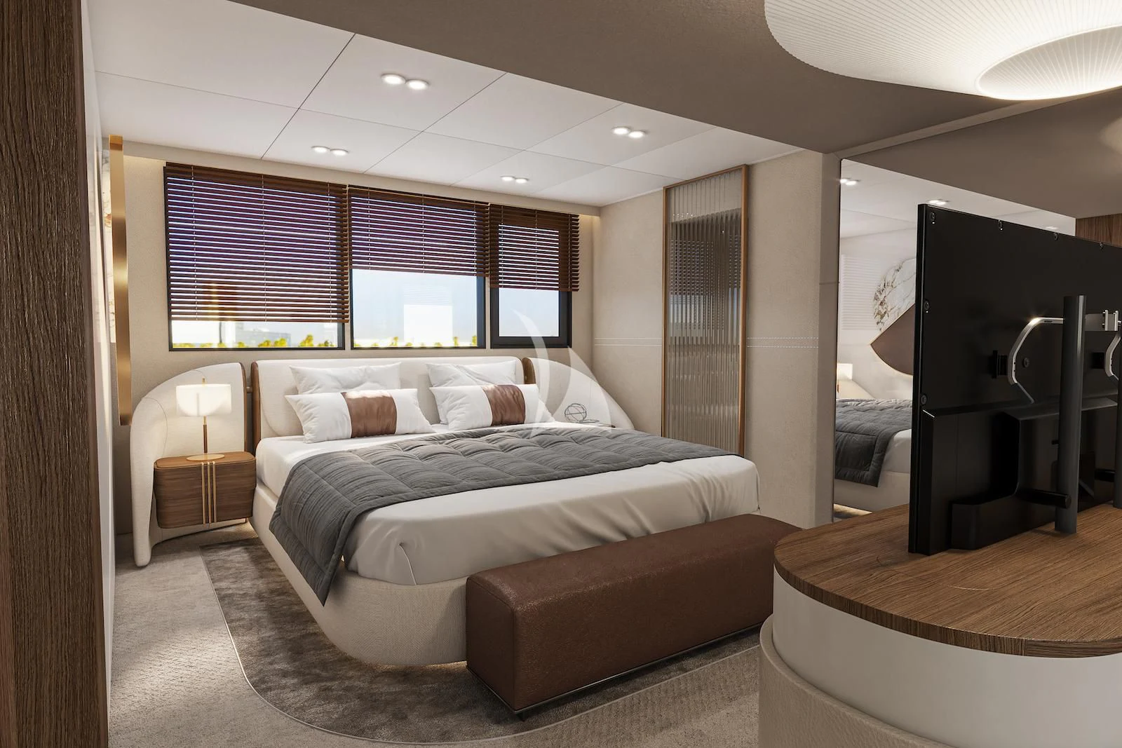 a bedroom with a bed and a television aboard AETERNA Yacht for Sale