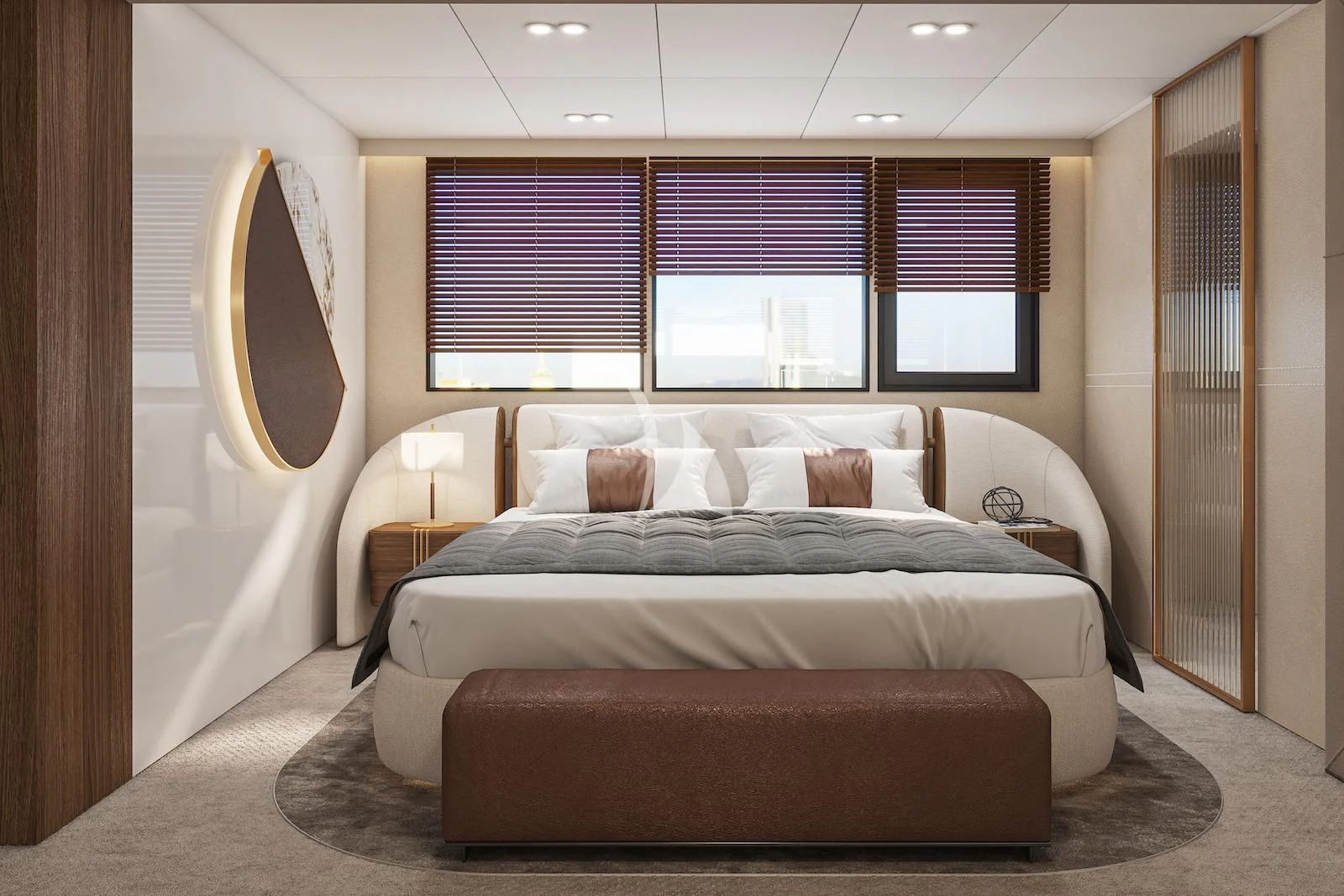 a bed in a room aboard AETERNA Yacht for Sale