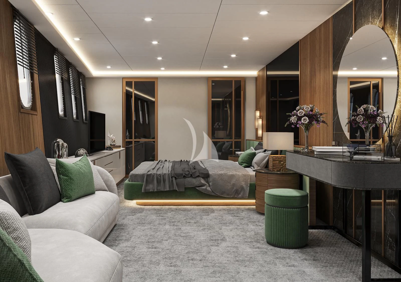 a living room with a couch and a table aboard AETERNA Yacht for Sale