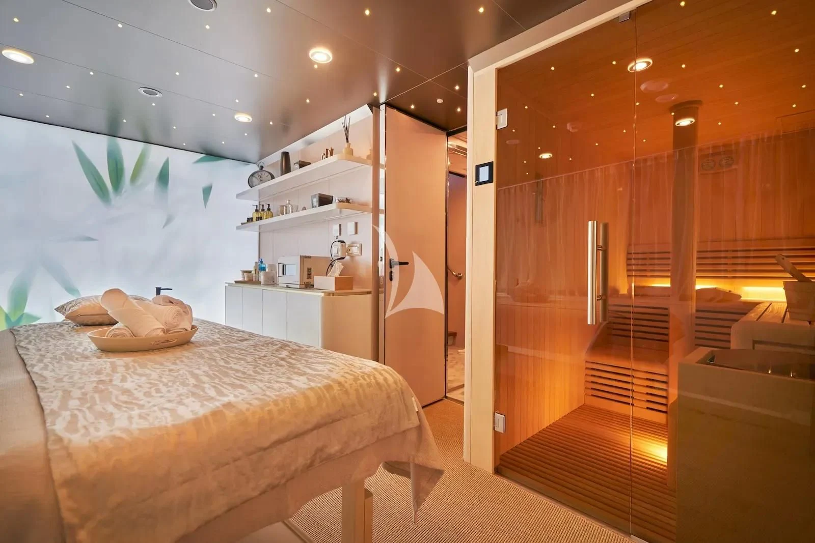 a room with a bed and a staircase aboard AETERNA Yacht for Sale