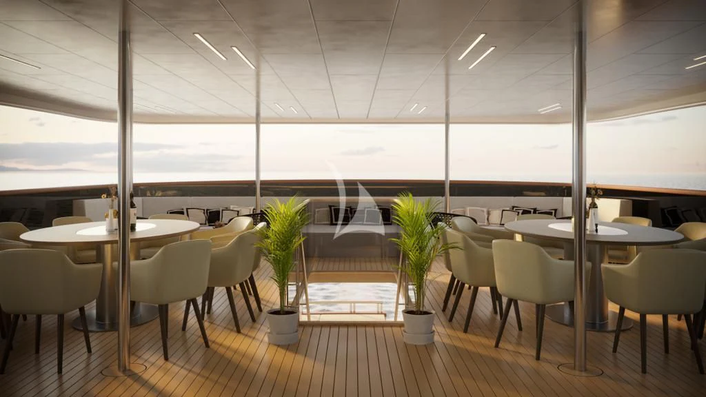 a room with tables and chairs aboard AETERNA Yacht for Sale