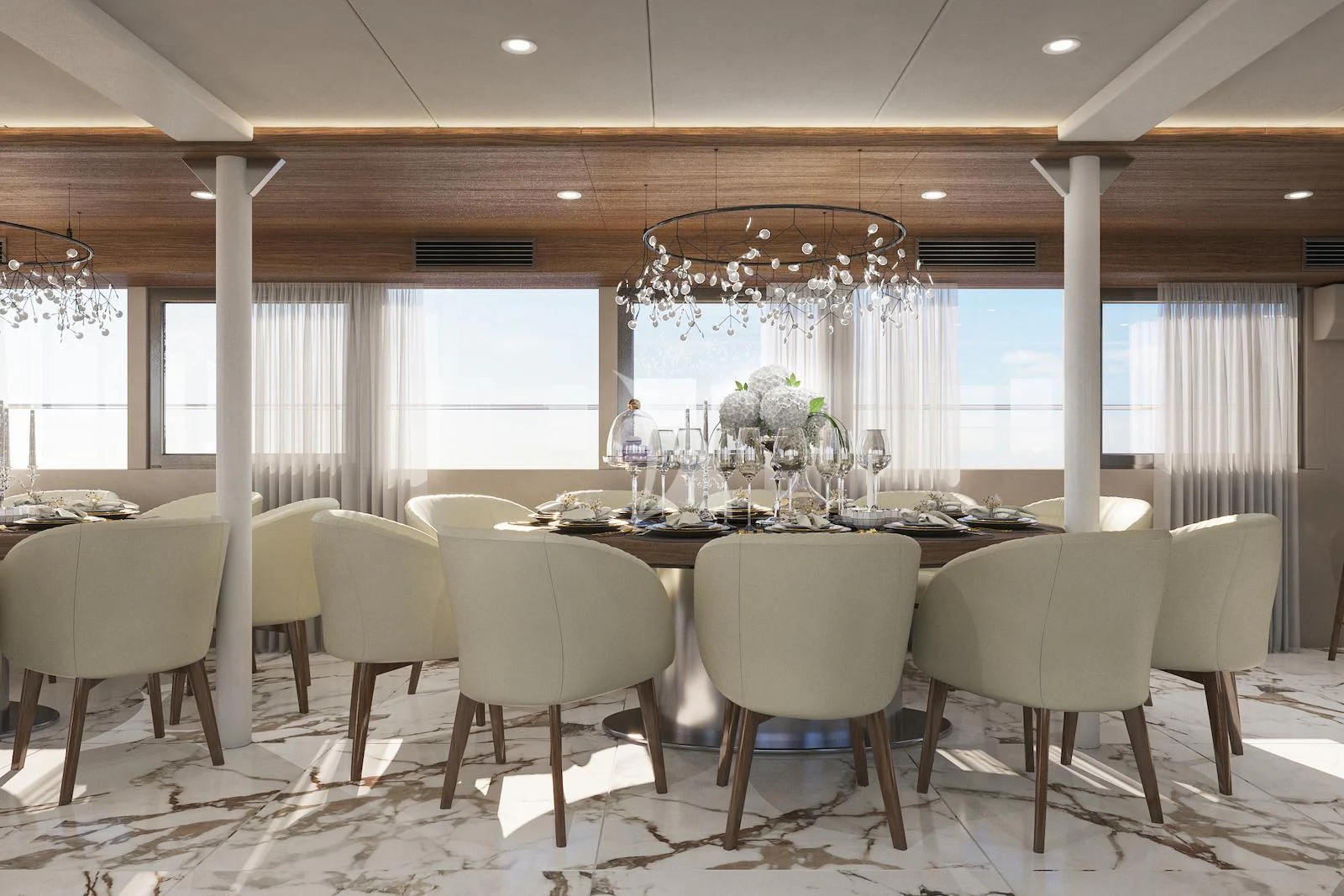a large room with tables and chairs aboard AETERNA Yacht for Sale