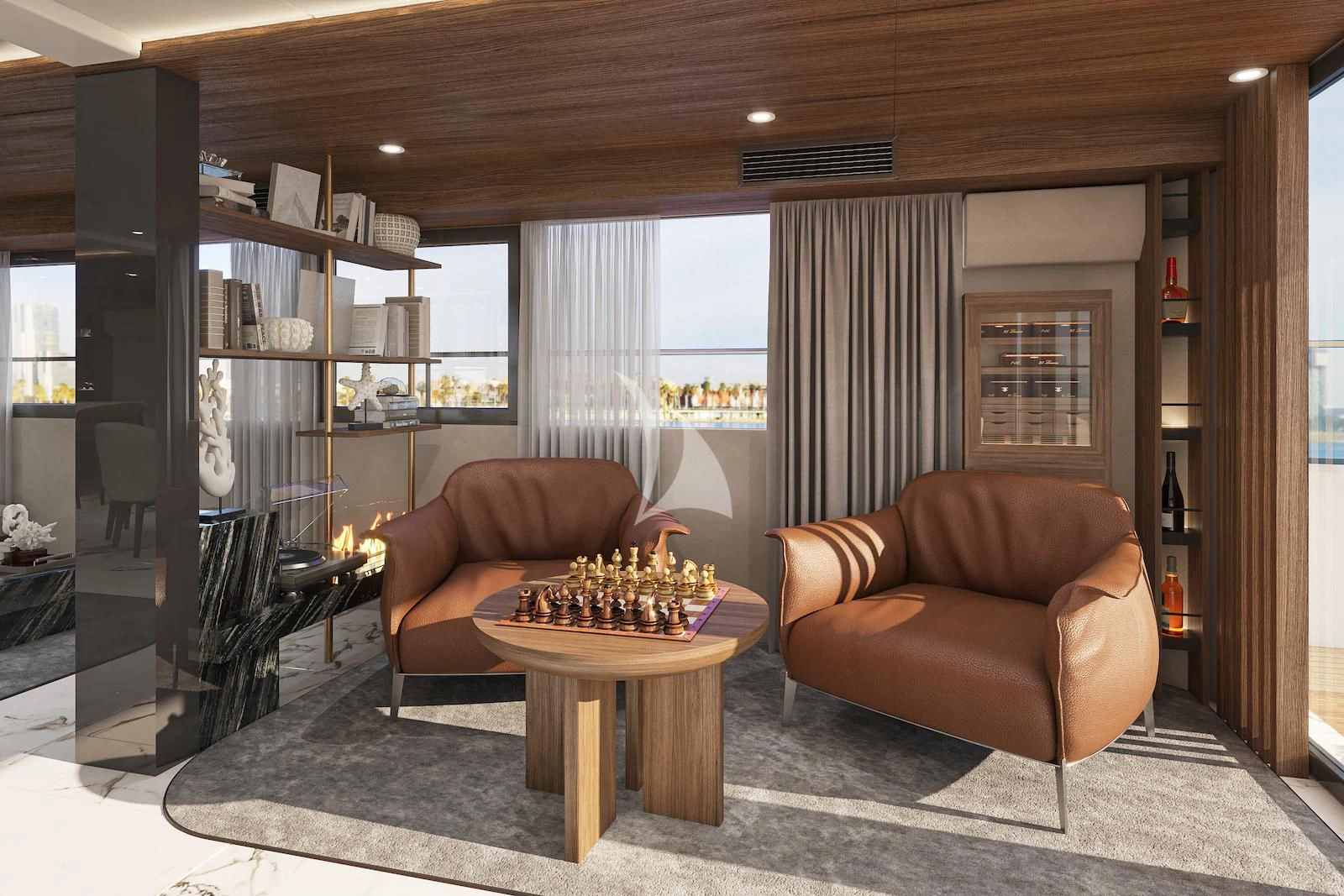 a living room with a fireplace aboard AETERNA Yacht for Sale