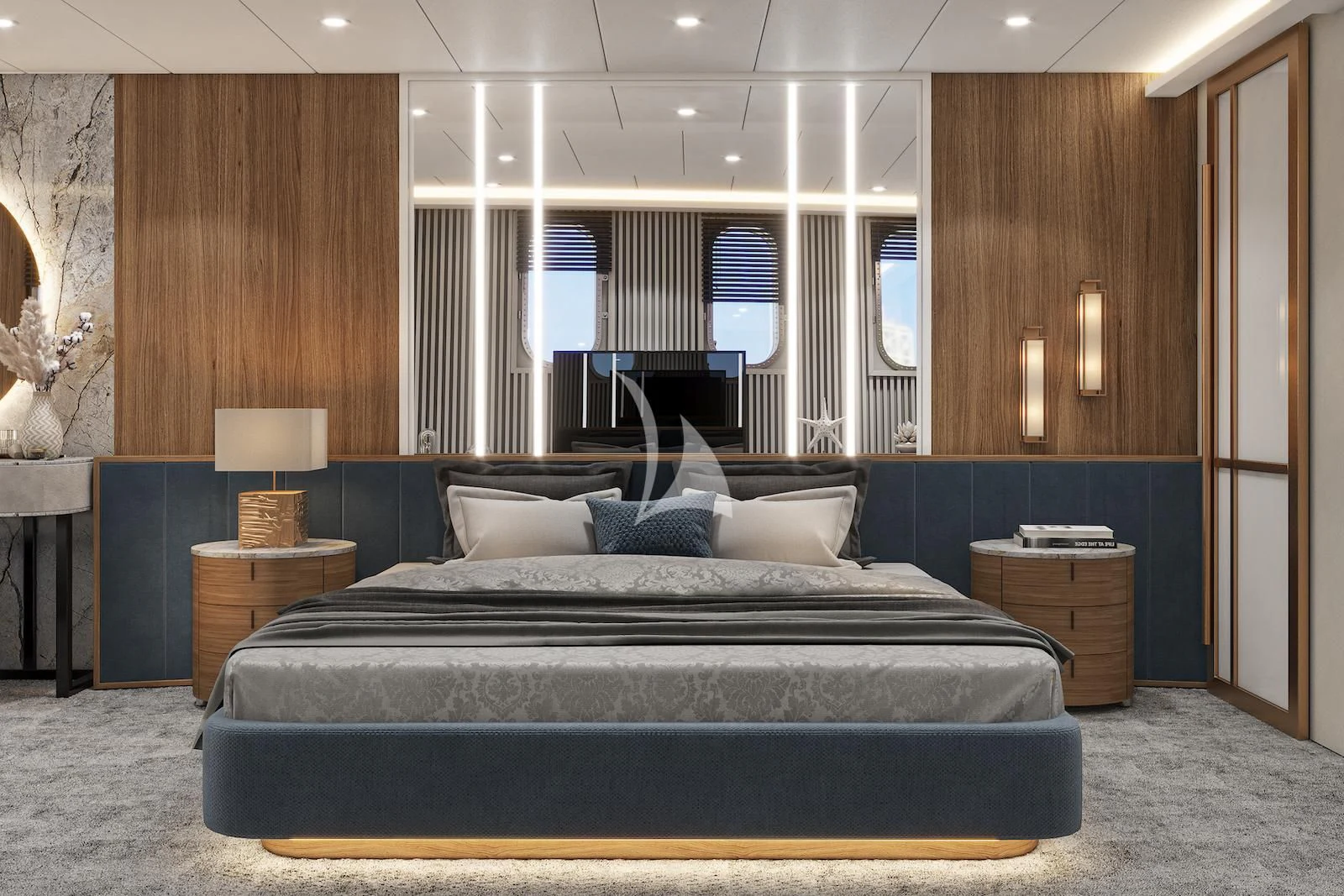 a large bed in a room aboard AETERNA Yacht for Sale