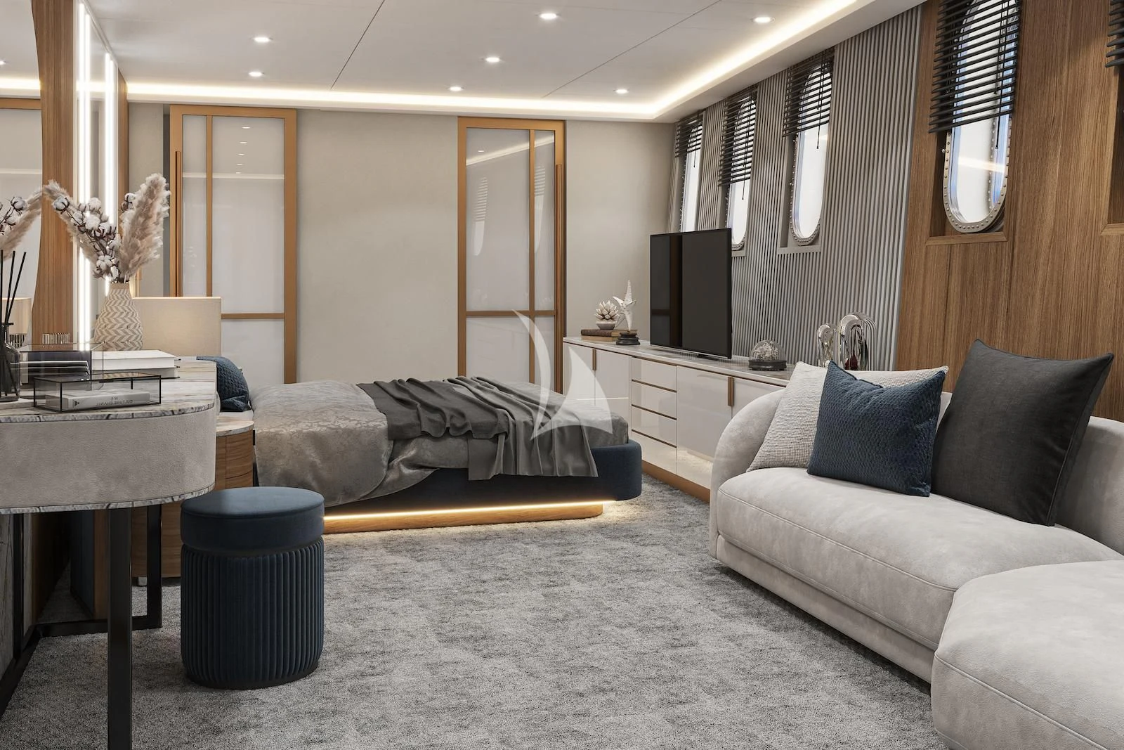 a living room with a couch and a tv aboard AETERNA Yacht for Sale