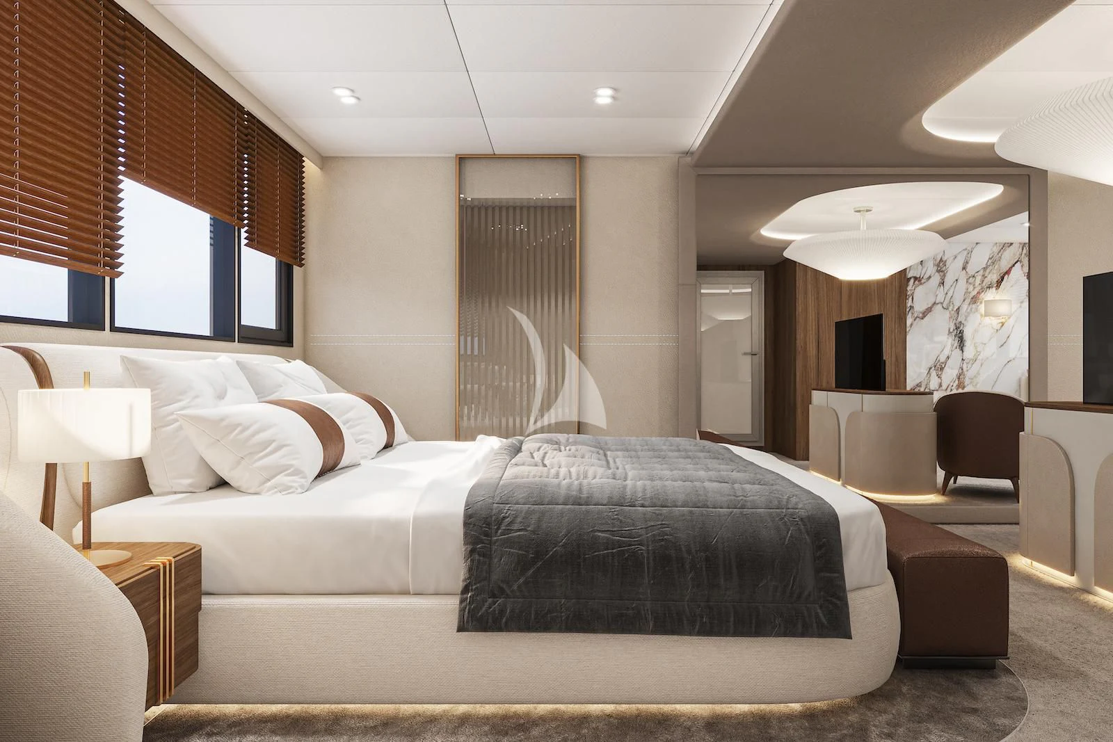 a large bed in a hotel room aboard AETERNA Yacht for Sale