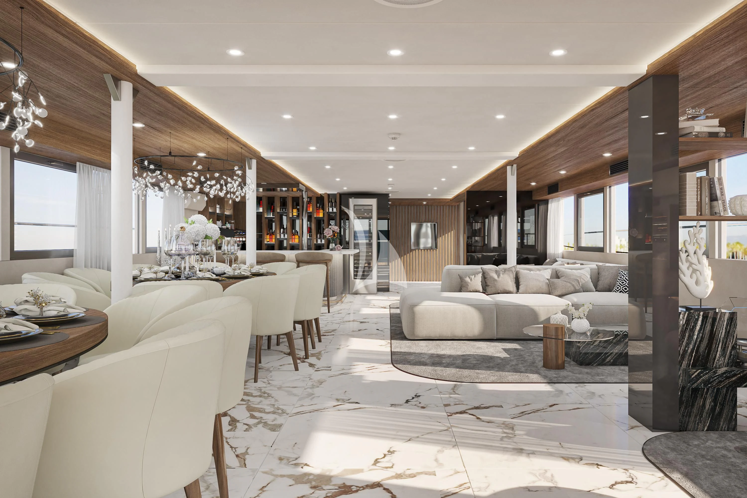 a living room with a large chandelier aboard AETERNA Yacht for Sale