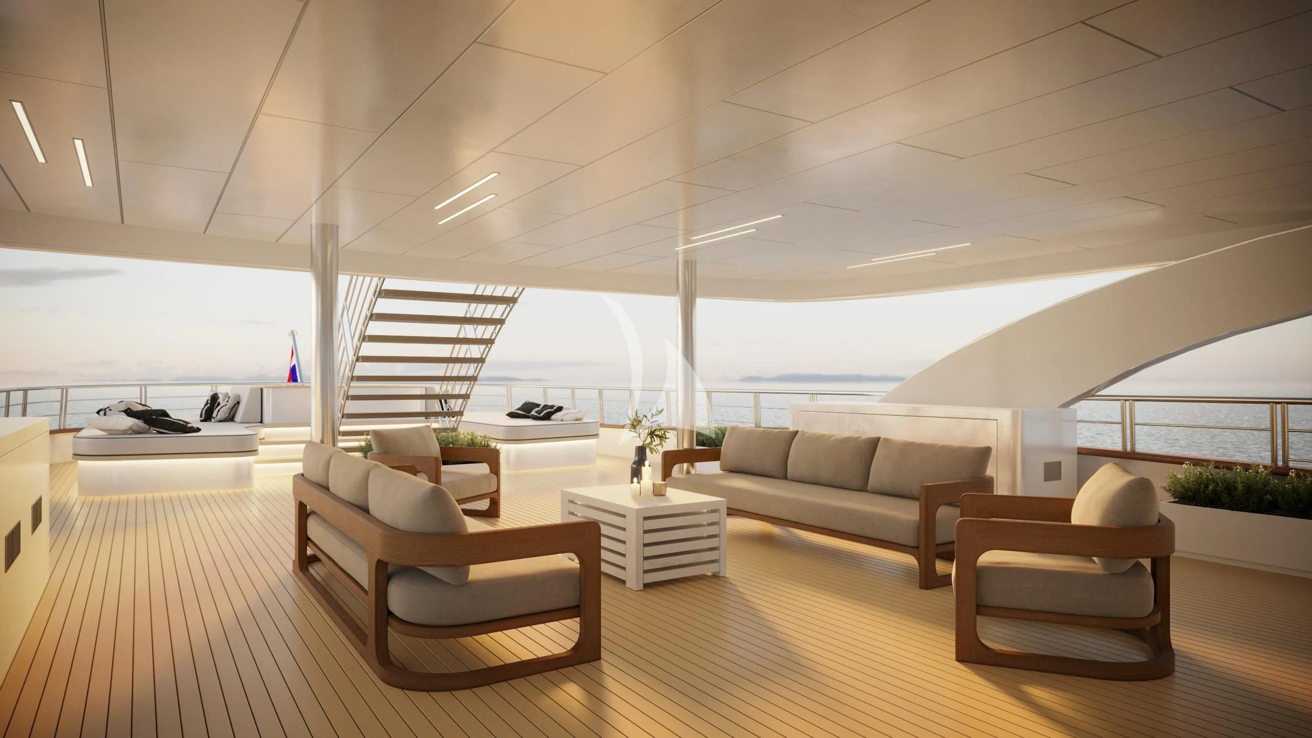 a living room with a wood floor aboard AETERNA Yacht for Sale