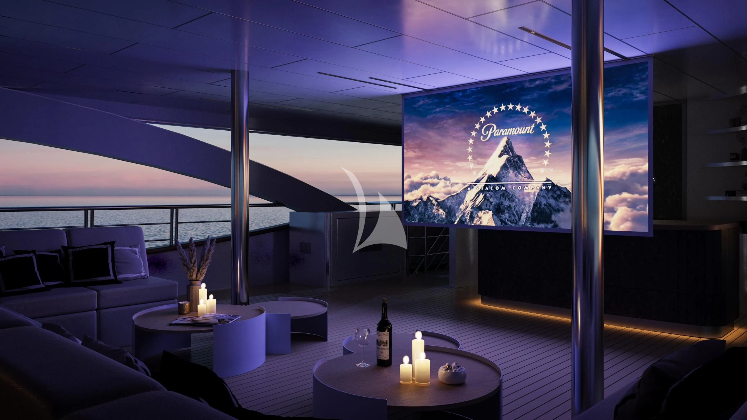 a room with a table and a window with a view of a mountain range aboard AETERNA Yacht for Sale