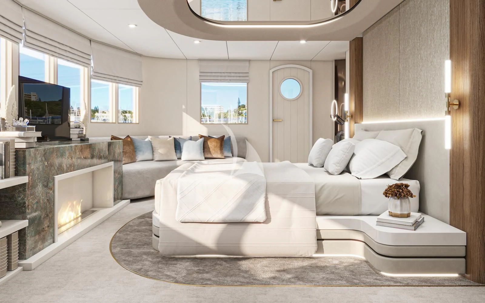 a large bed in a room aboard AETERNA Yacht for Sale