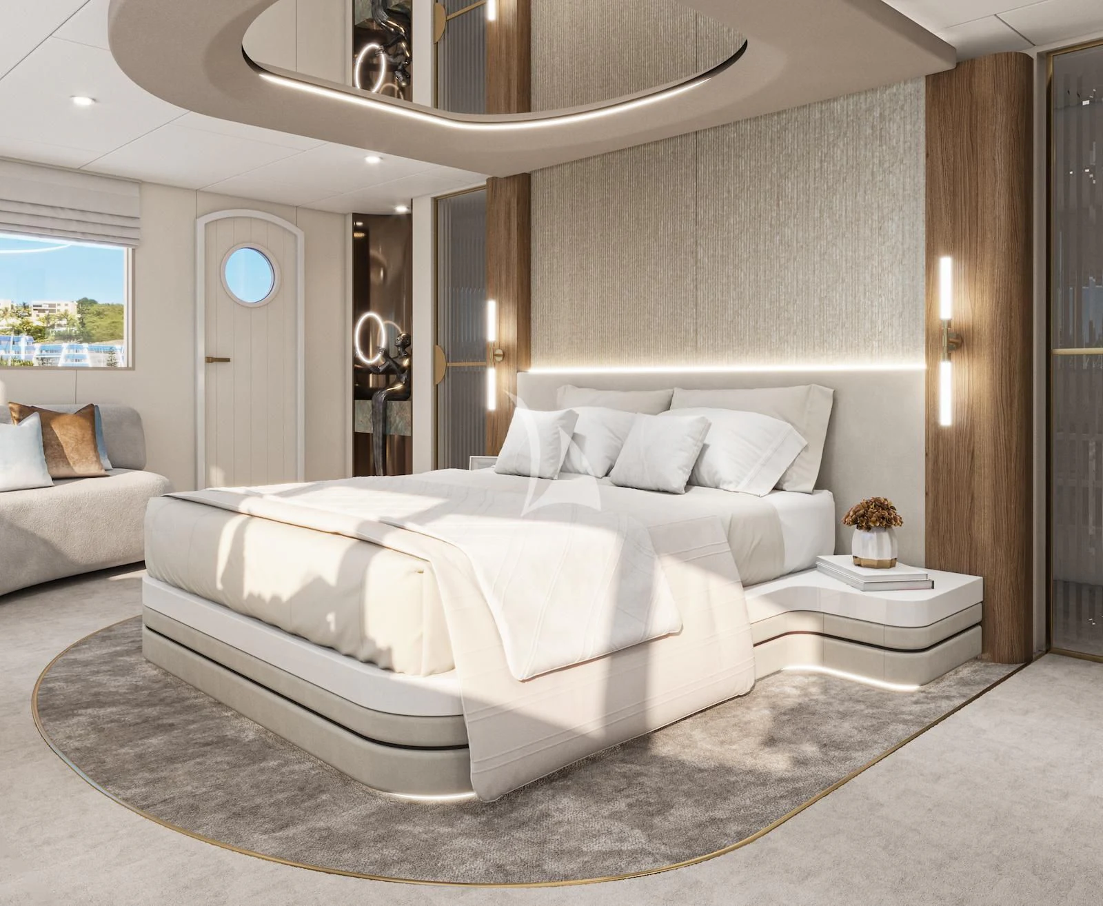 a large white bed in a room aboard AETERNA Yacht for Sale