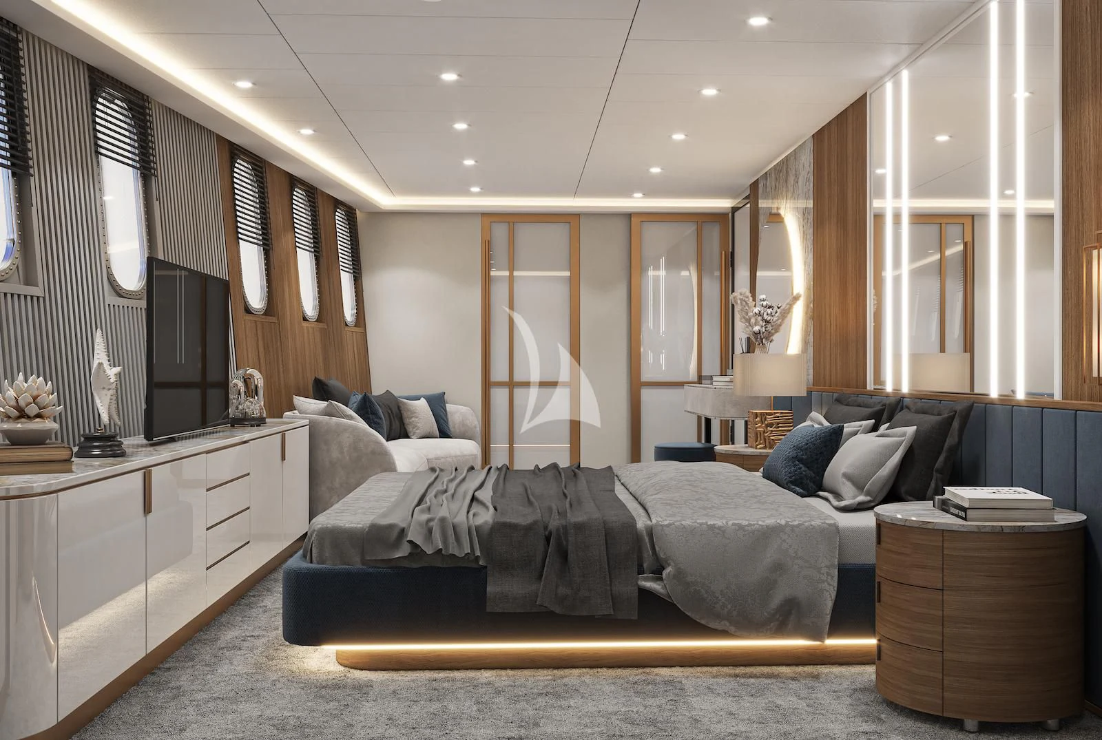 a large bedroom with a bed aboard AETERNA Yacht for Sale