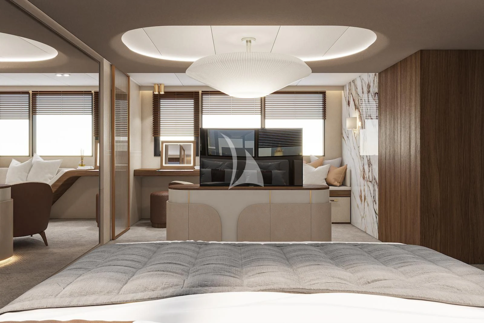 a bedroom with a bed and a large television aboard AETERNA Yacht for Sale