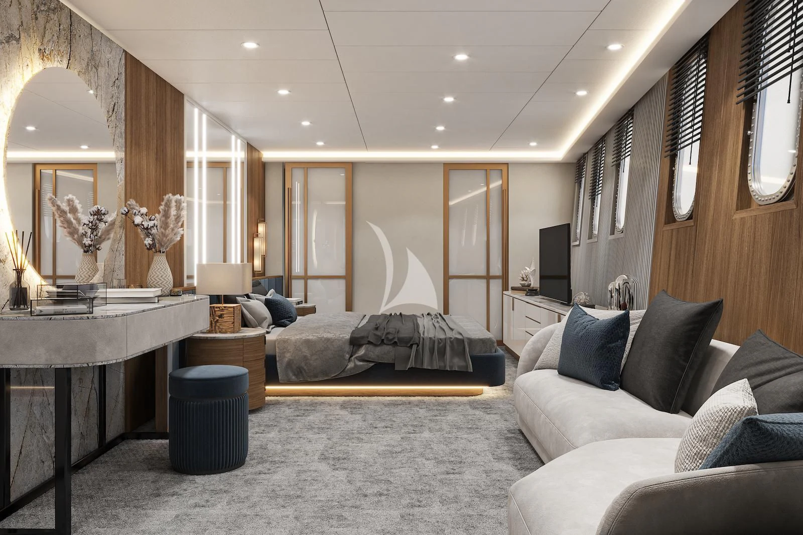 a large living room with a large mirror aboard AETERNA Yacht for Sale