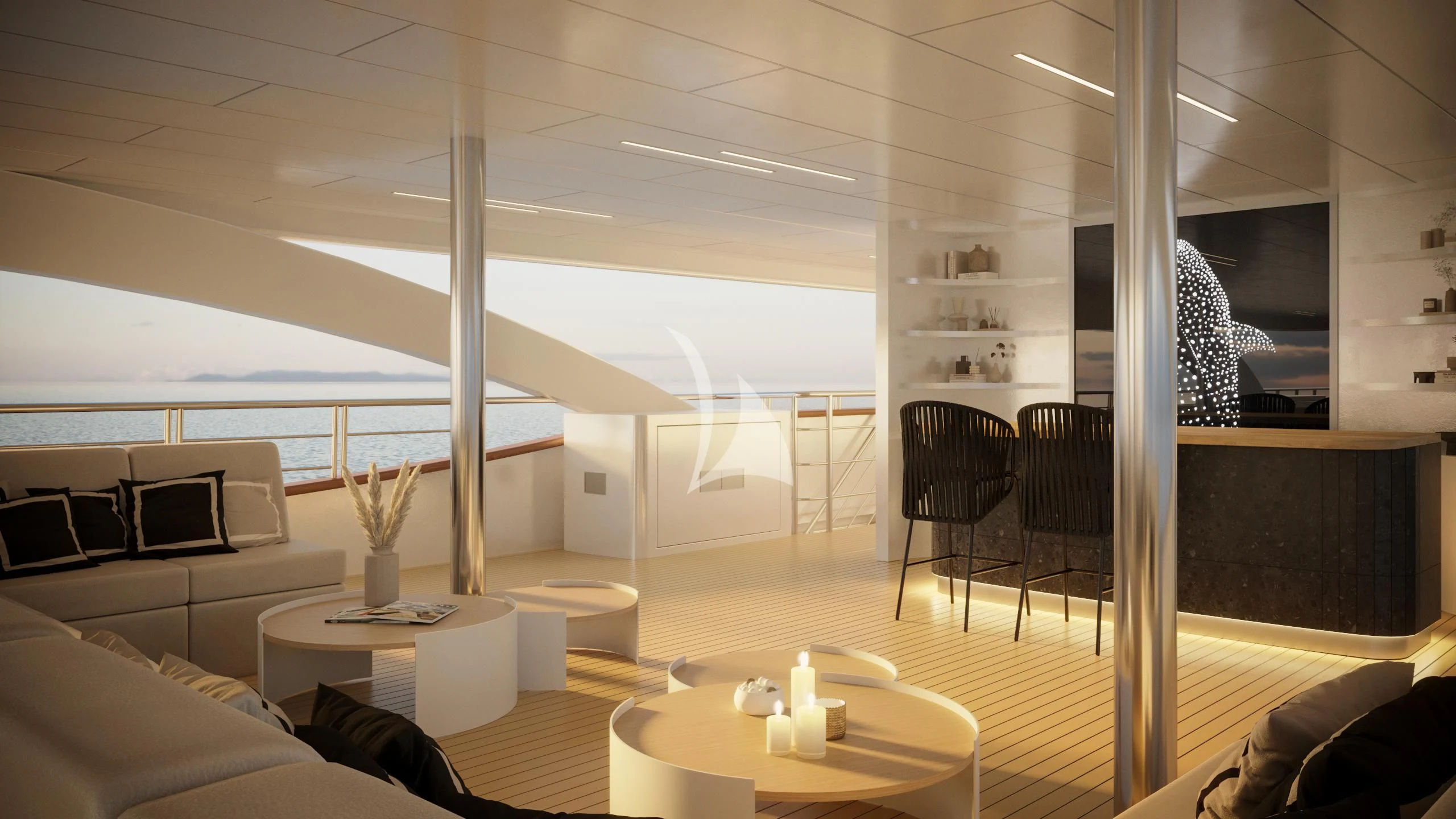a room with a couch and a table and a window aboard AETERNA Yacht for Sale