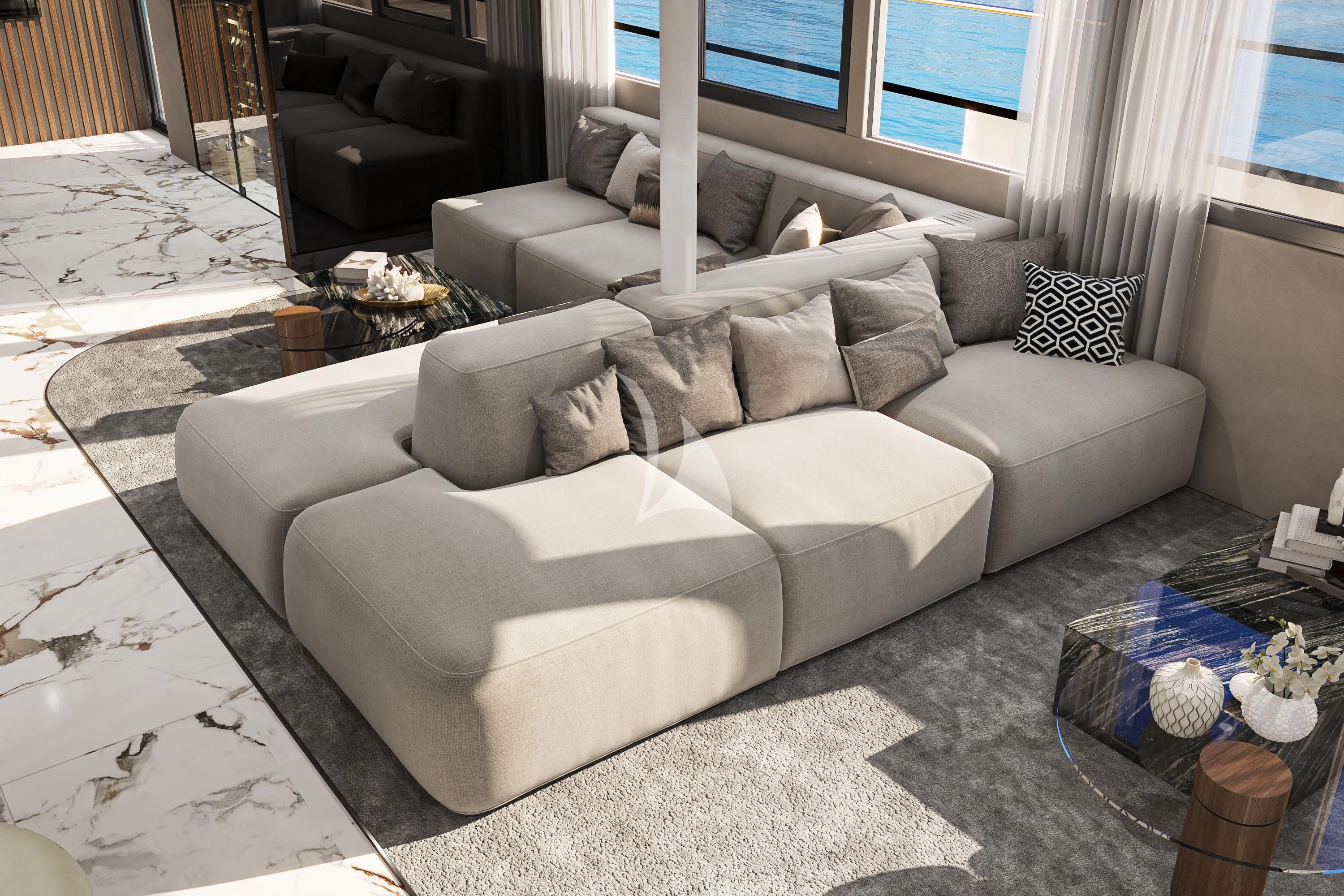 a couch in a living room aboard AETERNA Yacht for Sale
