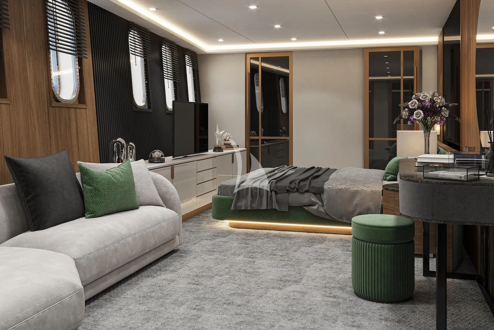 a living room with a couch and a television aboard AETERNA Yacht for Sale