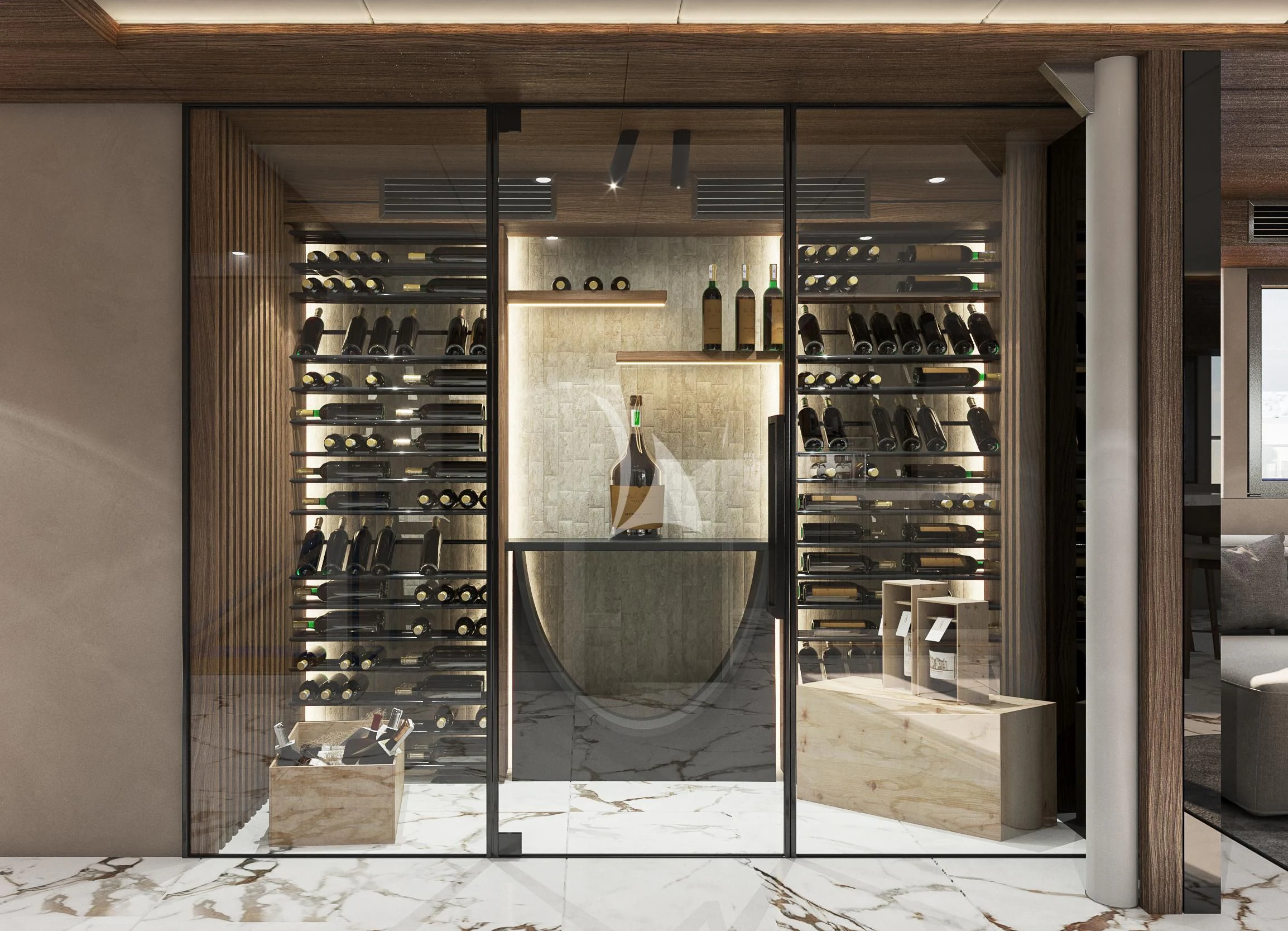 a wine rack in a wine cellar aboard AETERNA Yacht for Sale