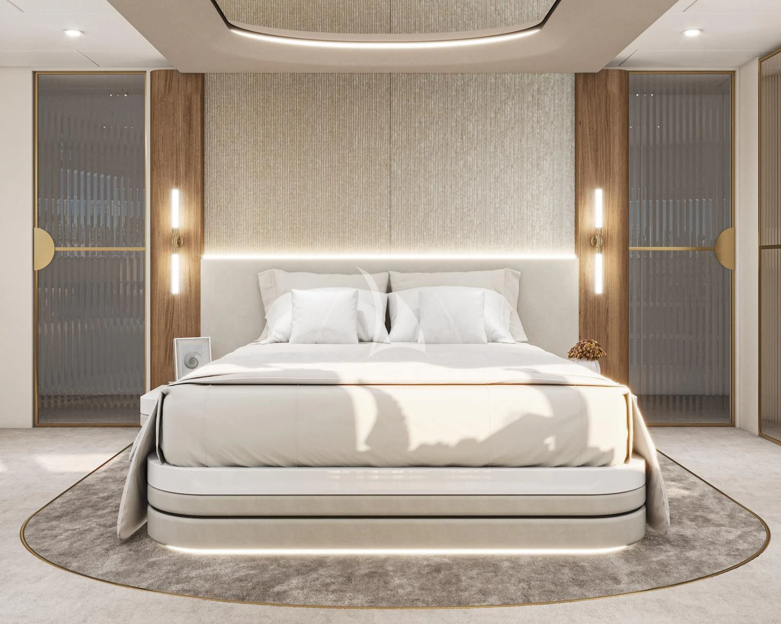 a bed in a room aboard AETERNA Yacht for Sale