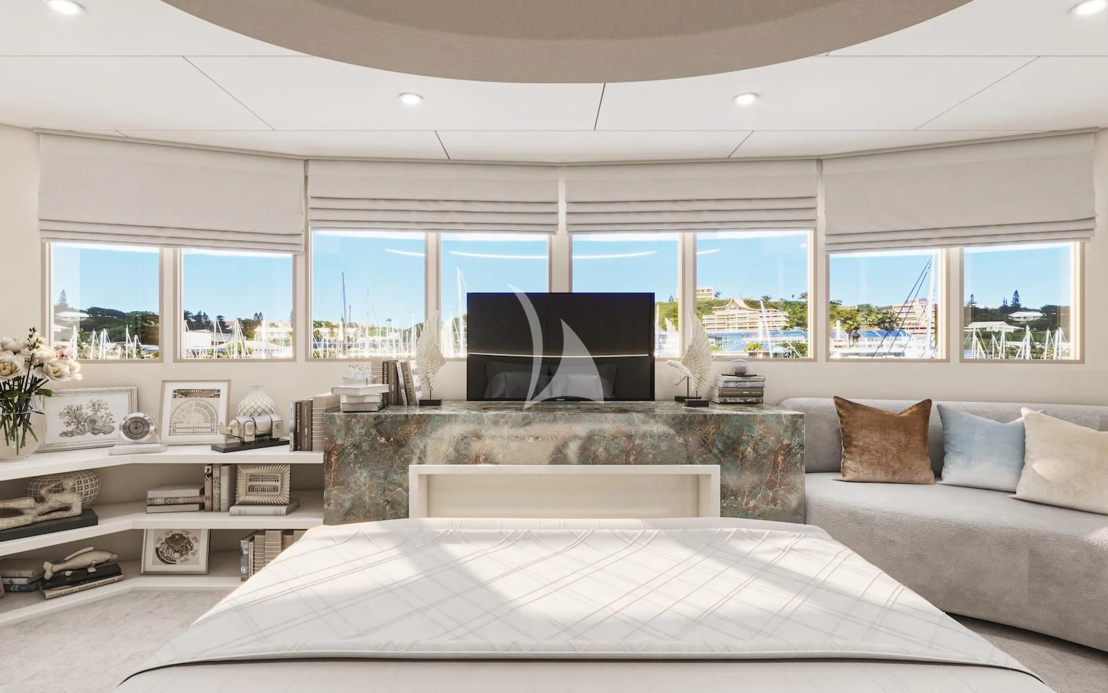 a large modern bedroom aboard AETERNA Yacht for Sale