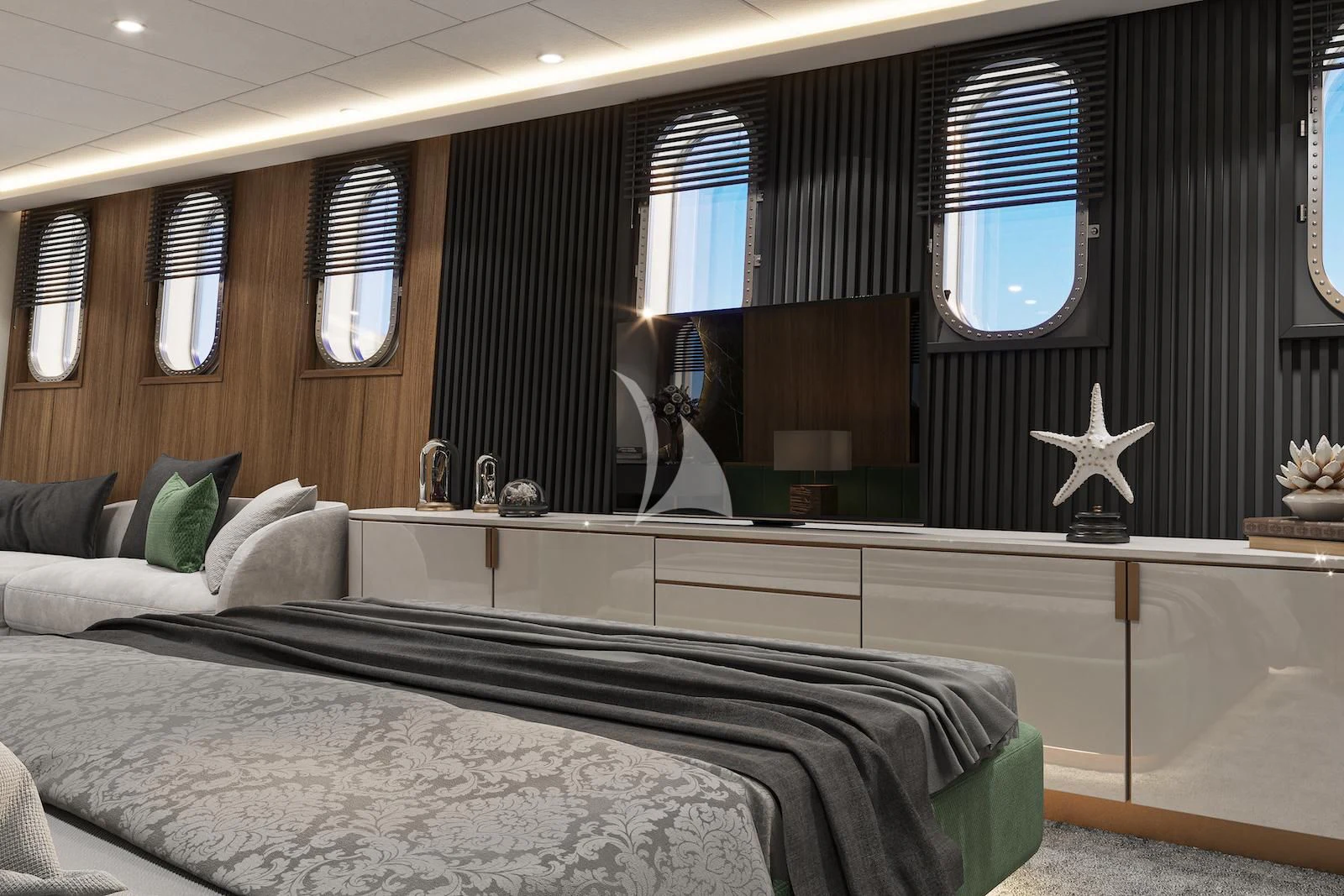 a bedroom with a large mirror aboard AETERNA Yacht for Sale