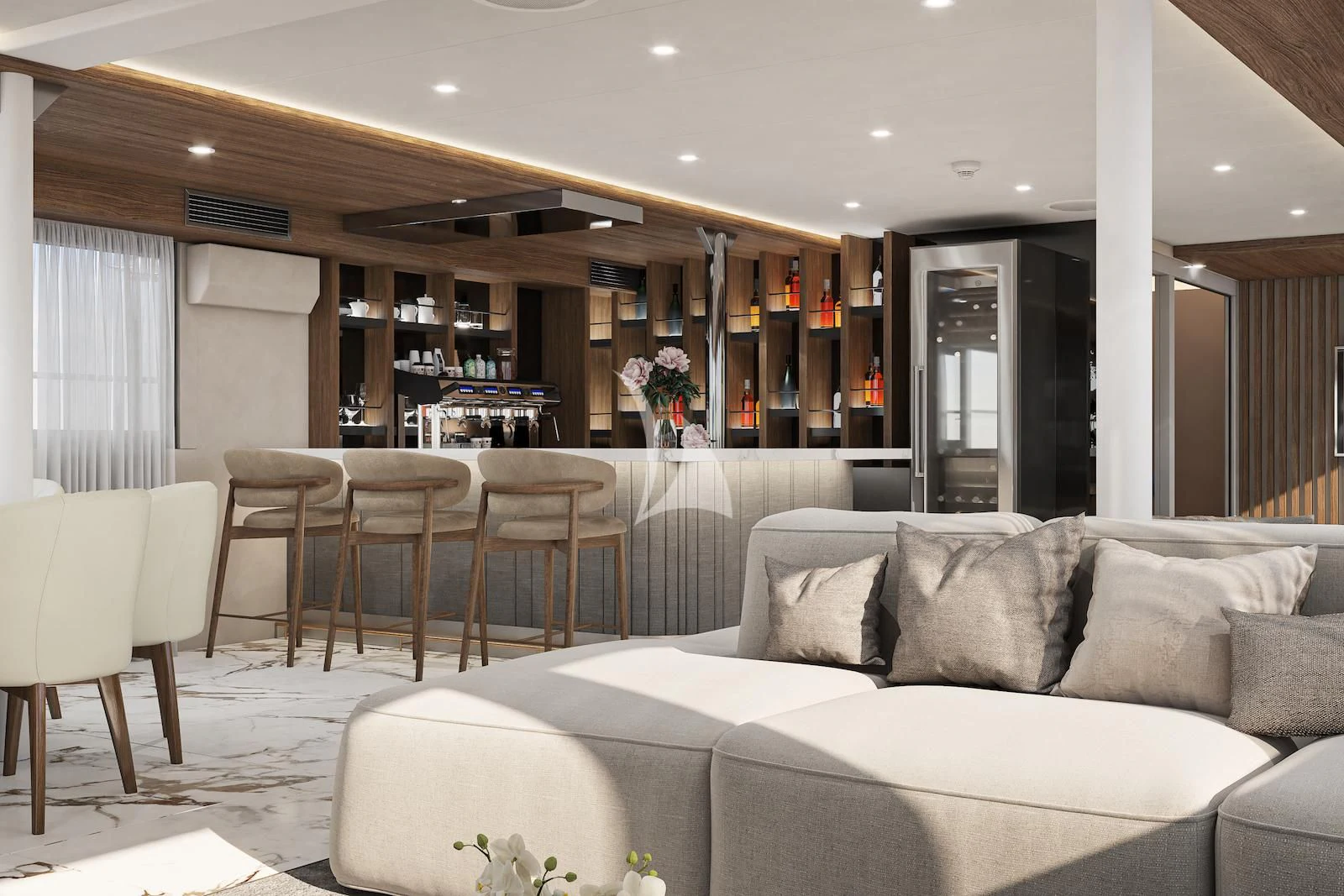 a living room with a couch and chairs aboard AETERNA Yacht for Sale