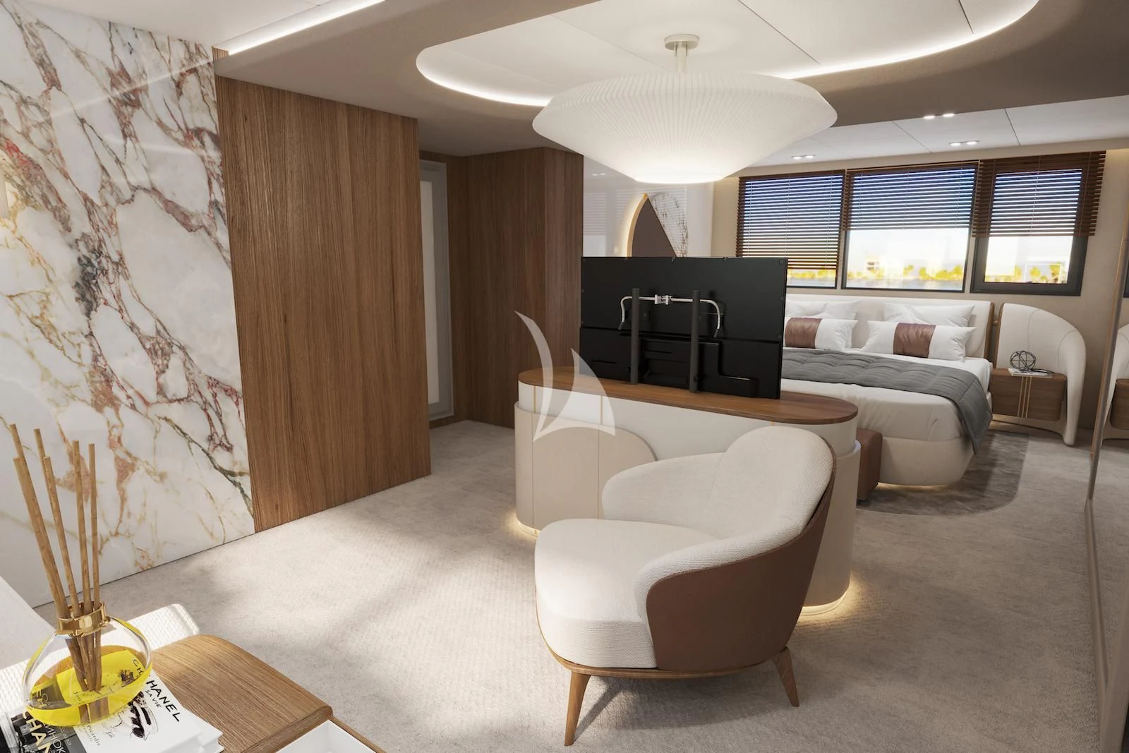 a living room with a table and chairs aboard AETERNA Yacht for Sale