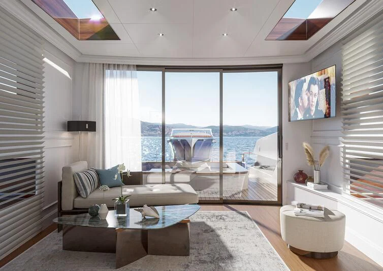 a living room with a large window aboard PICCHIOTTI GENTLEMAN YACHT 24M/01 Yacht for Sale