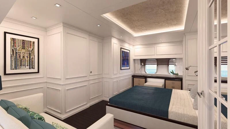 a bedroom with a bed and a window aboard PICCHIOTTI GENTLEMAN YACHT 24M/01 Yacht for Sale