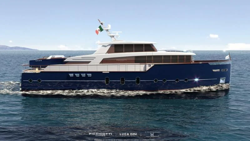a large blue and white boat aboard PICCHIOTTI GENTLEMAN YACHT 24M/01 Yacht for Sale