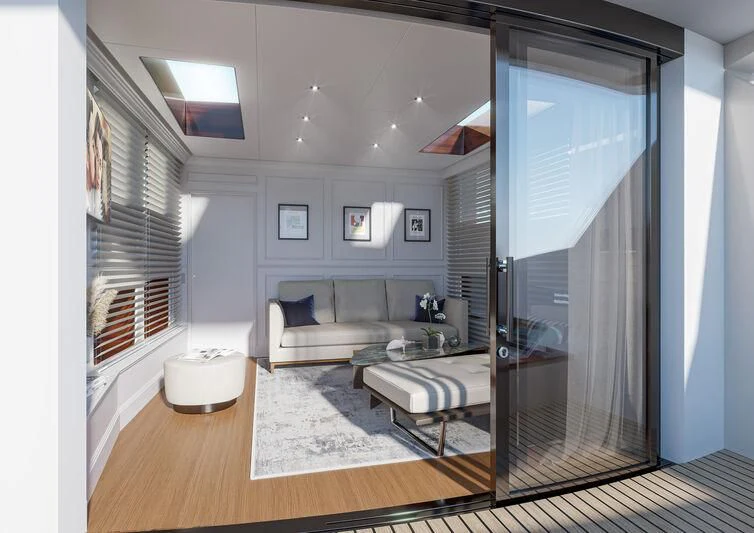 a room with a couch and a table aboard PICCHIOTTI GENTLEMAN YACHT 24M/01 Yacht for Sale